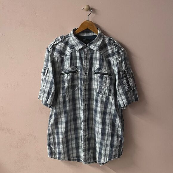 INC International Concepts Men’s Cream & Blue Plaid Button Down Shirt Sz L EUC - Picture 9 of 12